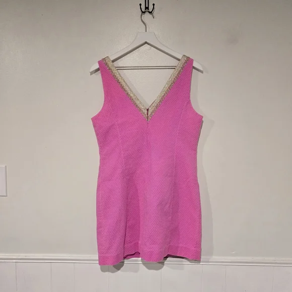 Lilly Pulitzer Junie Shift Mini Dress Berry Sangria Pink Gold Cotton Size 10 - Picture 3 of 8